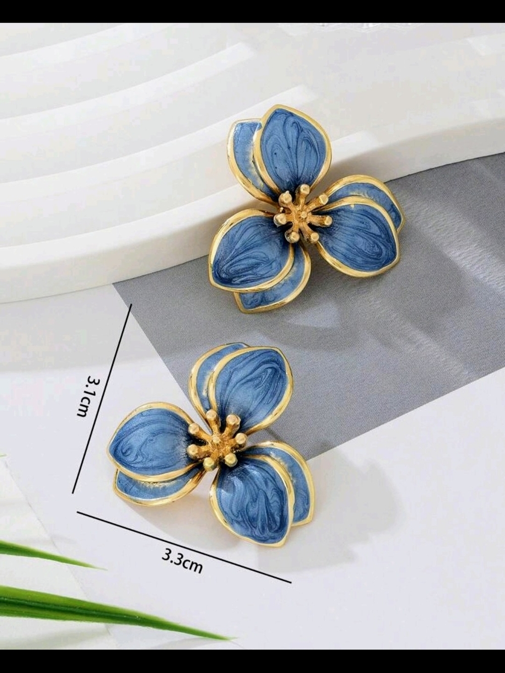 Blue Floral Petal Earrings with Gold Trim